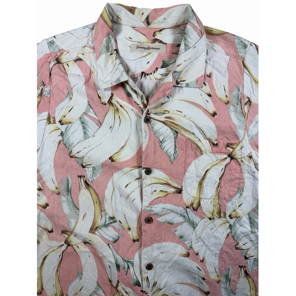 Tommy Bahama Womens XL Pink Banana Print 100% Silk Hawaiian Camp Shirt